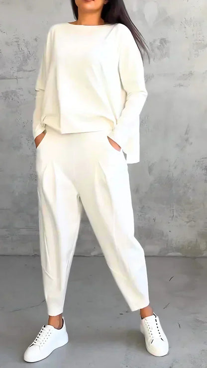 Women’s Two-Piece Set with Wide-Neck Top and Tapered Trousers