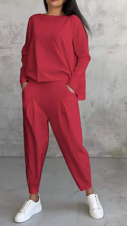 Women’s Two-Piece Set with Wide-Neck Top and Tapered Trousers