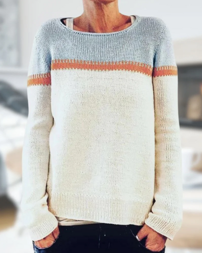 Knitted sweater with contrasting upper panel and stripe detail