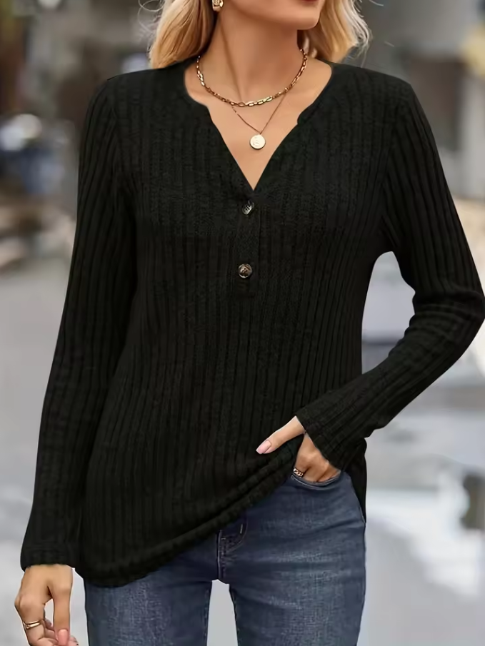 Knitted ribbed sweater with V-neck and buttons