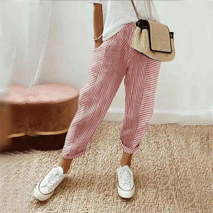 Patterned leisure trousers with elastic waistband and straight leg