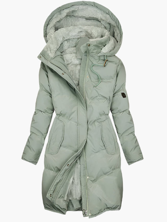 Long Puffer Coat with Hood and Fleece Lining
